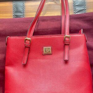 Anne Klein Red Shoulder Purse Gold Lion Logo 13"